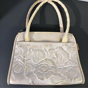 Patricia Nash Tooled Purse Satchel Metallic Antiqued White Gold Italian Leather